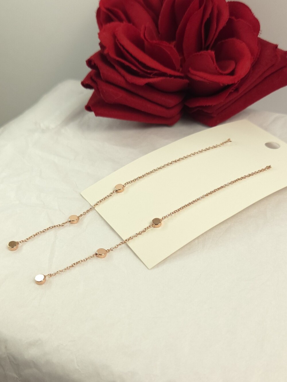 Rose Gold Dainty Chain & Round Disk Bead Dangle Earrings Shoulder Dusters 4"
